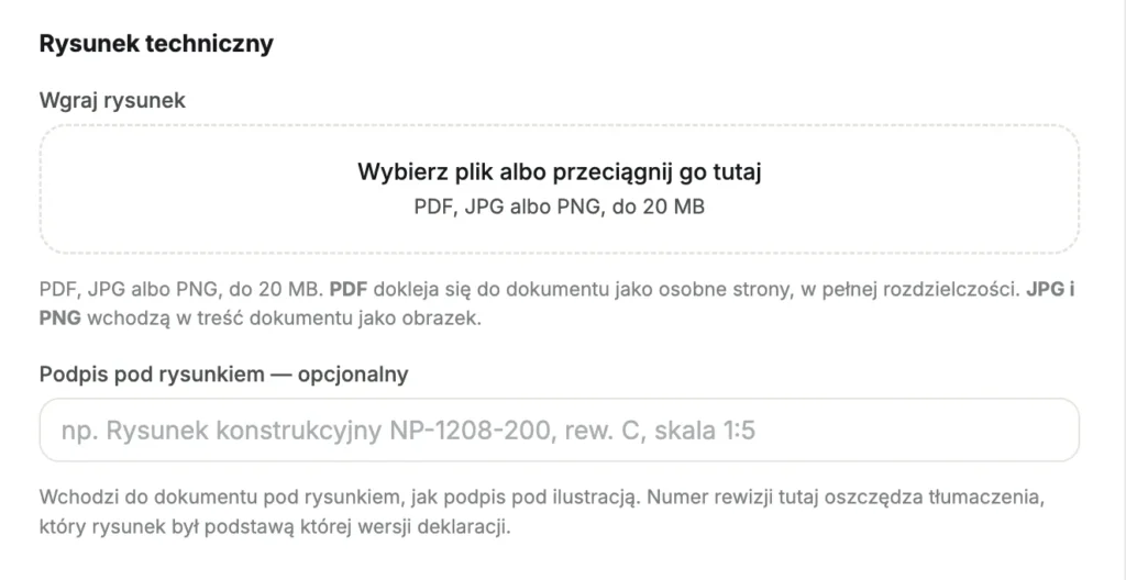 Technical drawing upload screen in the application